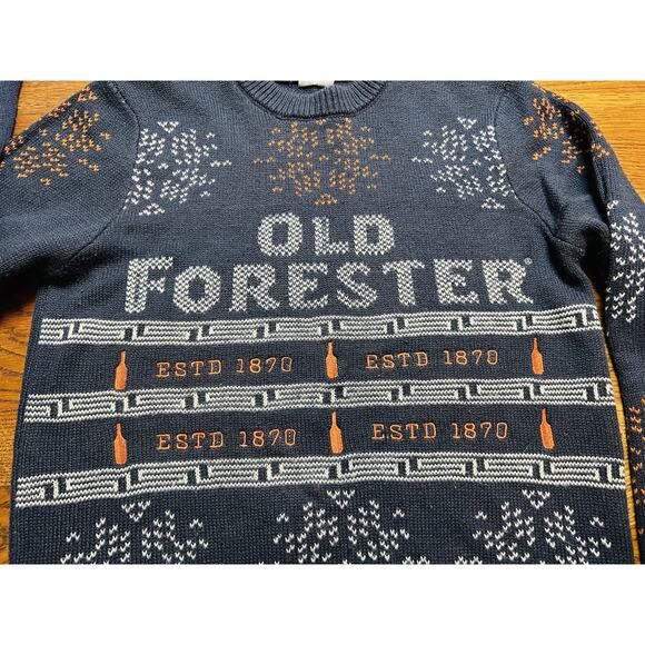 Old Forester Bourbon Ugly Christmas Sweater Dark Blue & Orange Men’s Small - Picture 2 of 6